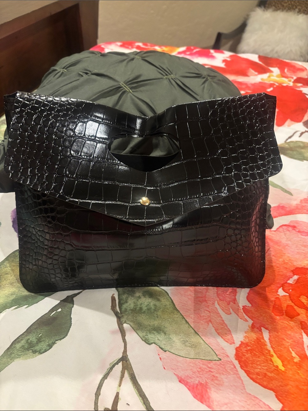 Black Croc-Embossed Top-Handle Clutch